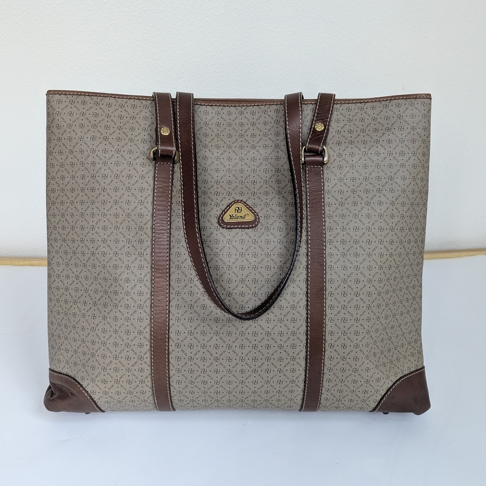 yoland monogram coated canvas leather‎ tote bag  Brown Tan Designer Weekender